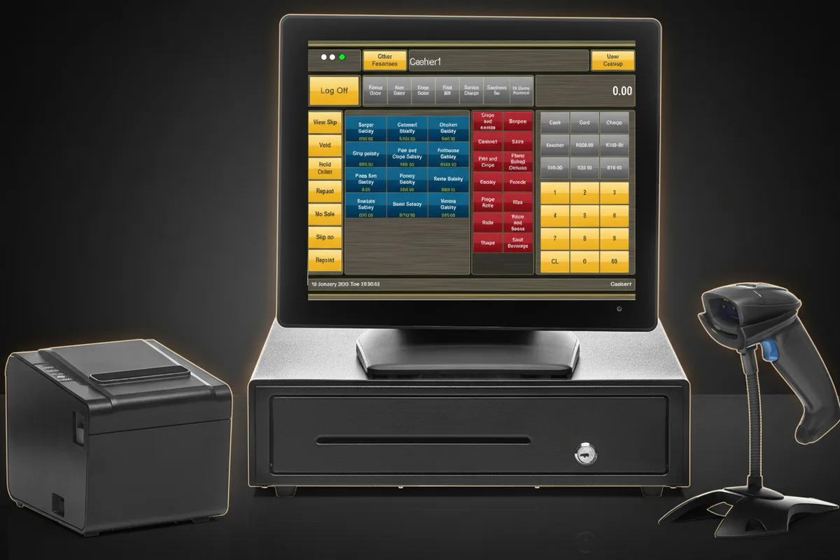 Fast food POS and kitchen display setup at a service counter