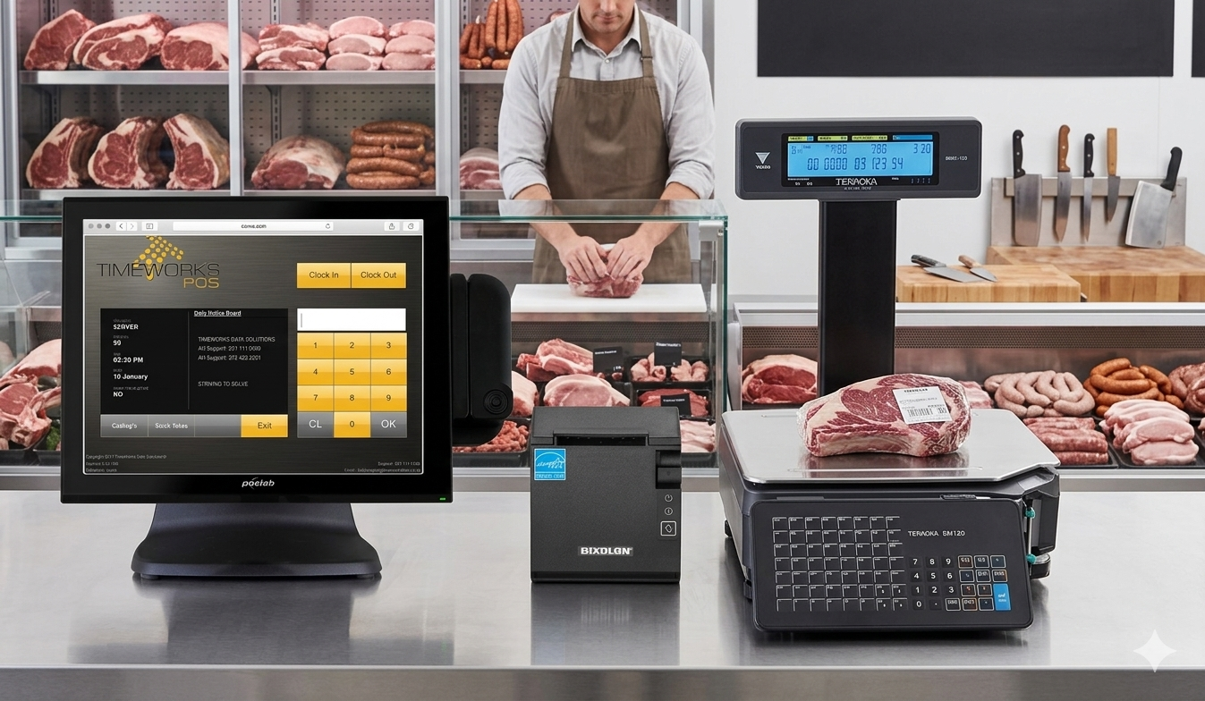 TimeWorks POS terminal in a real South African butchery with meat display and scale integration