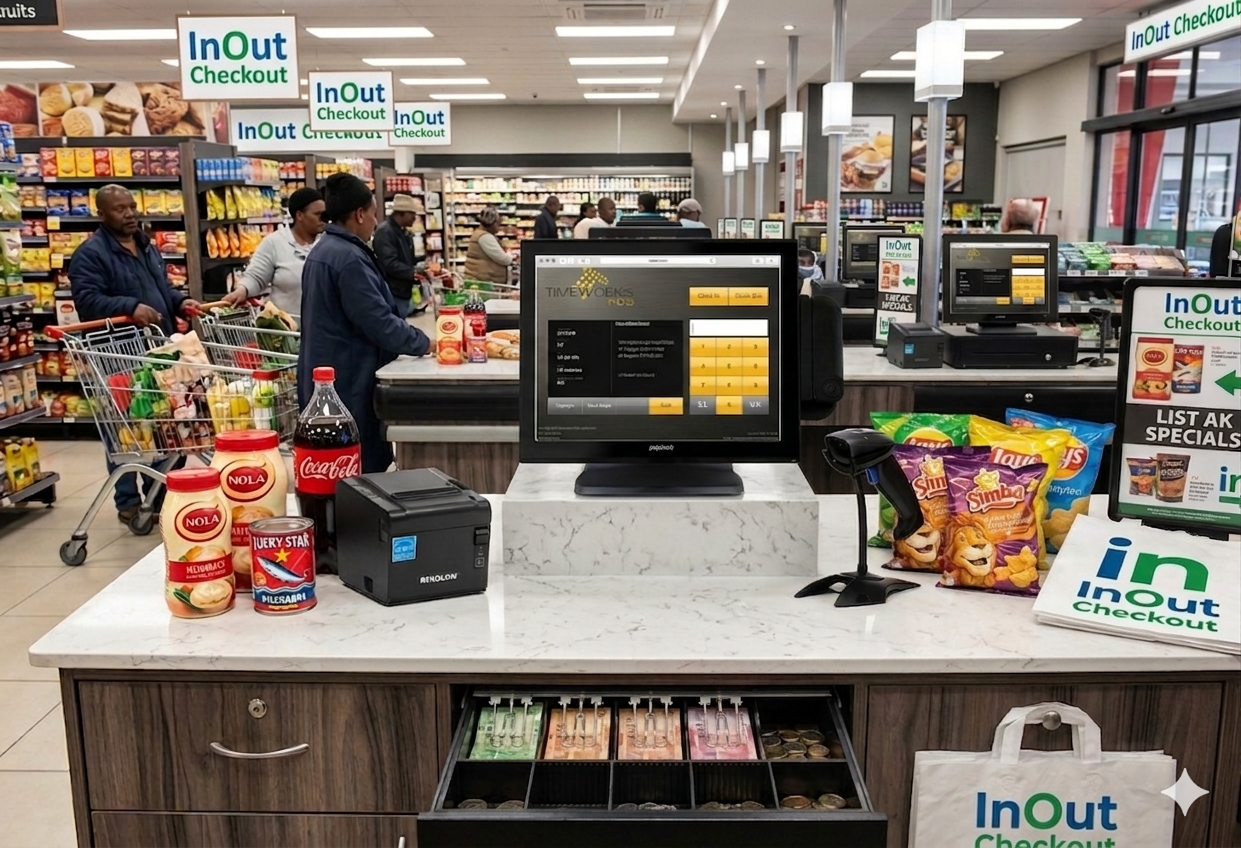 TimeWorks POS terminal at a real convenience store checkout counter