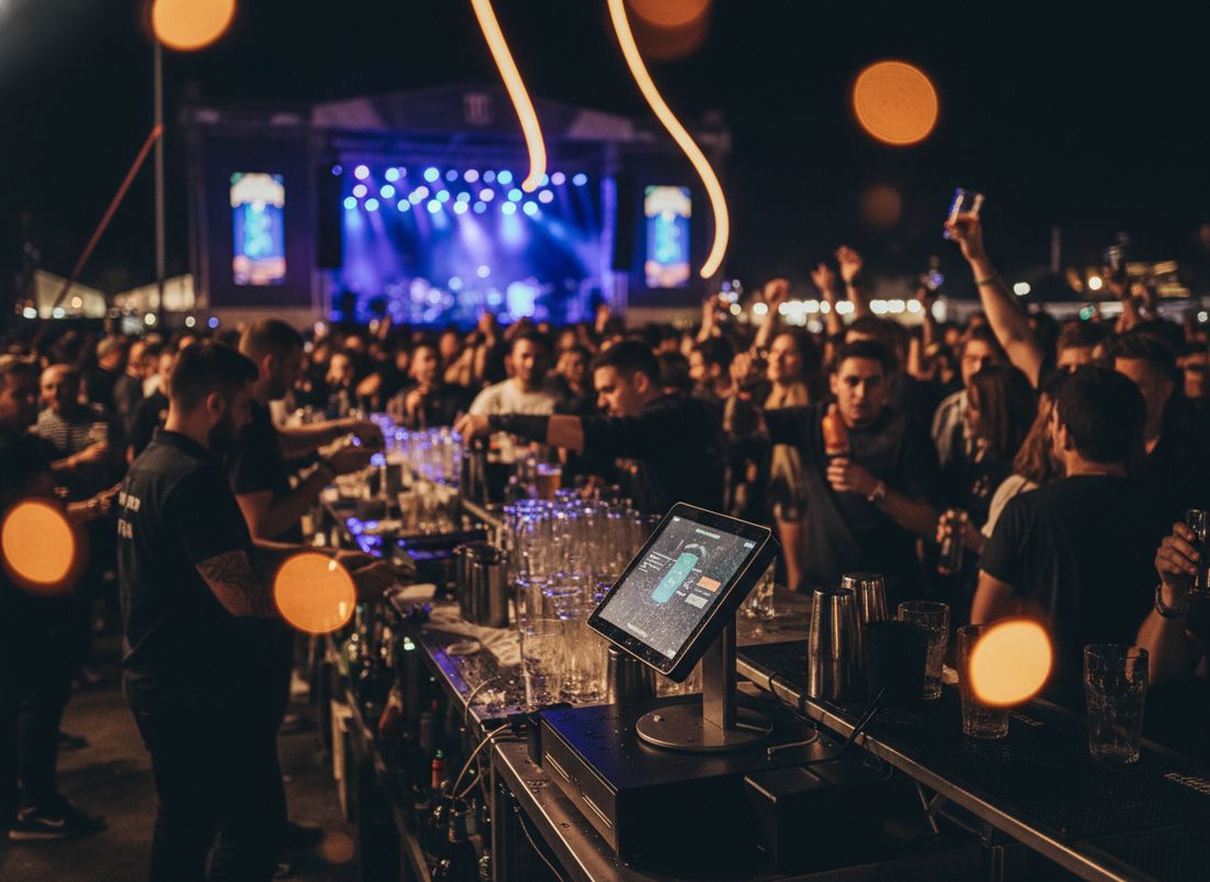 POS terminal at a busy festival bar at night