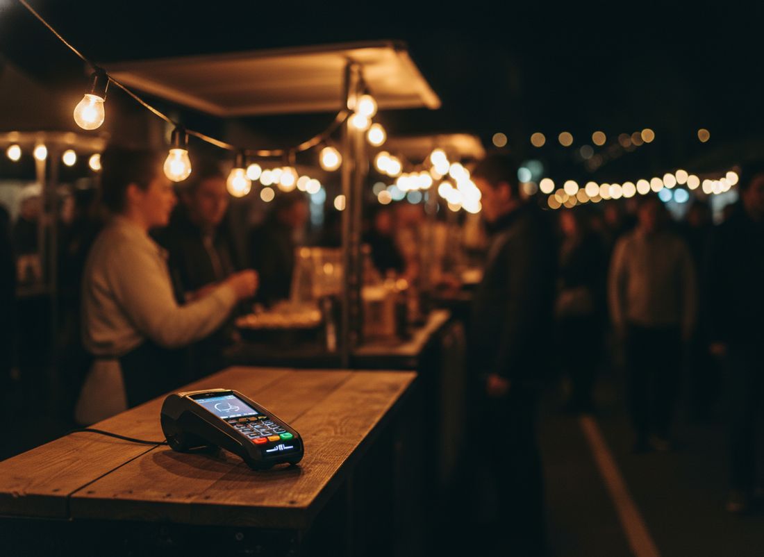 Compact POS terminal at a food and craft market stall