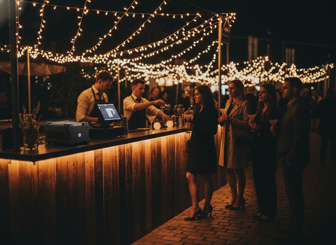 Outdoor pop-up bar with a POS terminal and battery backup