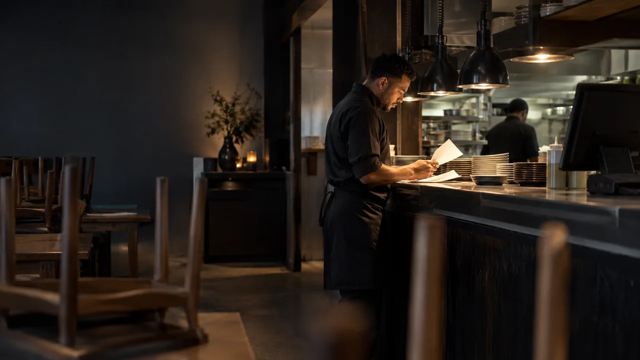 A server reads an order docket at the pass of a dimly lit restaurant, with a POS touchscreen on the counter and a chef working in the kitchen behind him