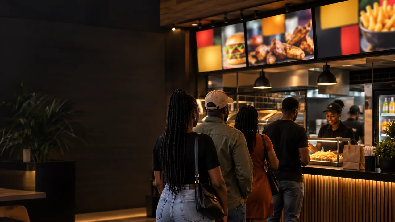 Customers queue at a fast food counter under a row of digital menu board screens showing burgers, grilled chicken and chips, while a staff member serves from behind the counter