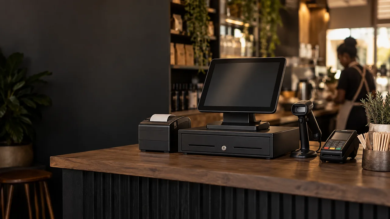 A POS touchscreen terminal on a cash drawer, with a receipt printer, a barcode scanner on its stand and a card machine, on the wooden counter of a busy cafe