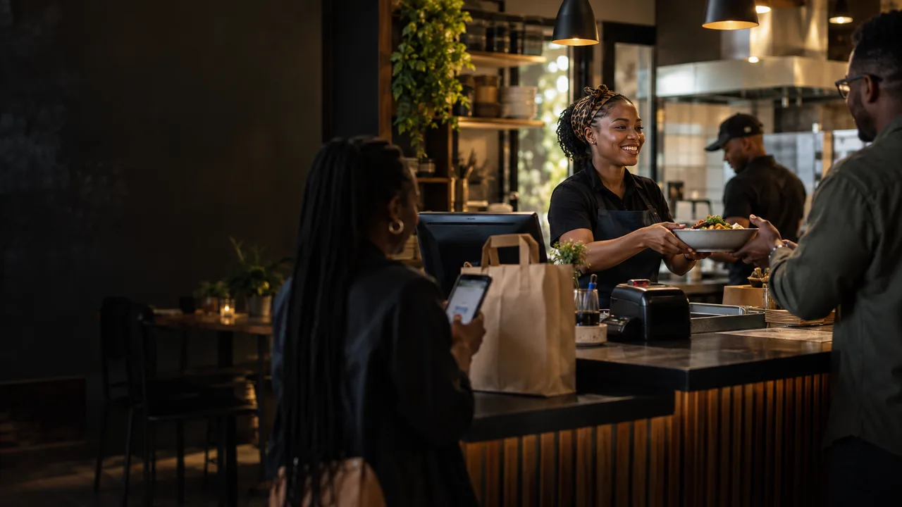 A customer holds her phone beside a paper takeaway bag while a smiling server hands a bowl of food across a restaurant counter with a POS terminal