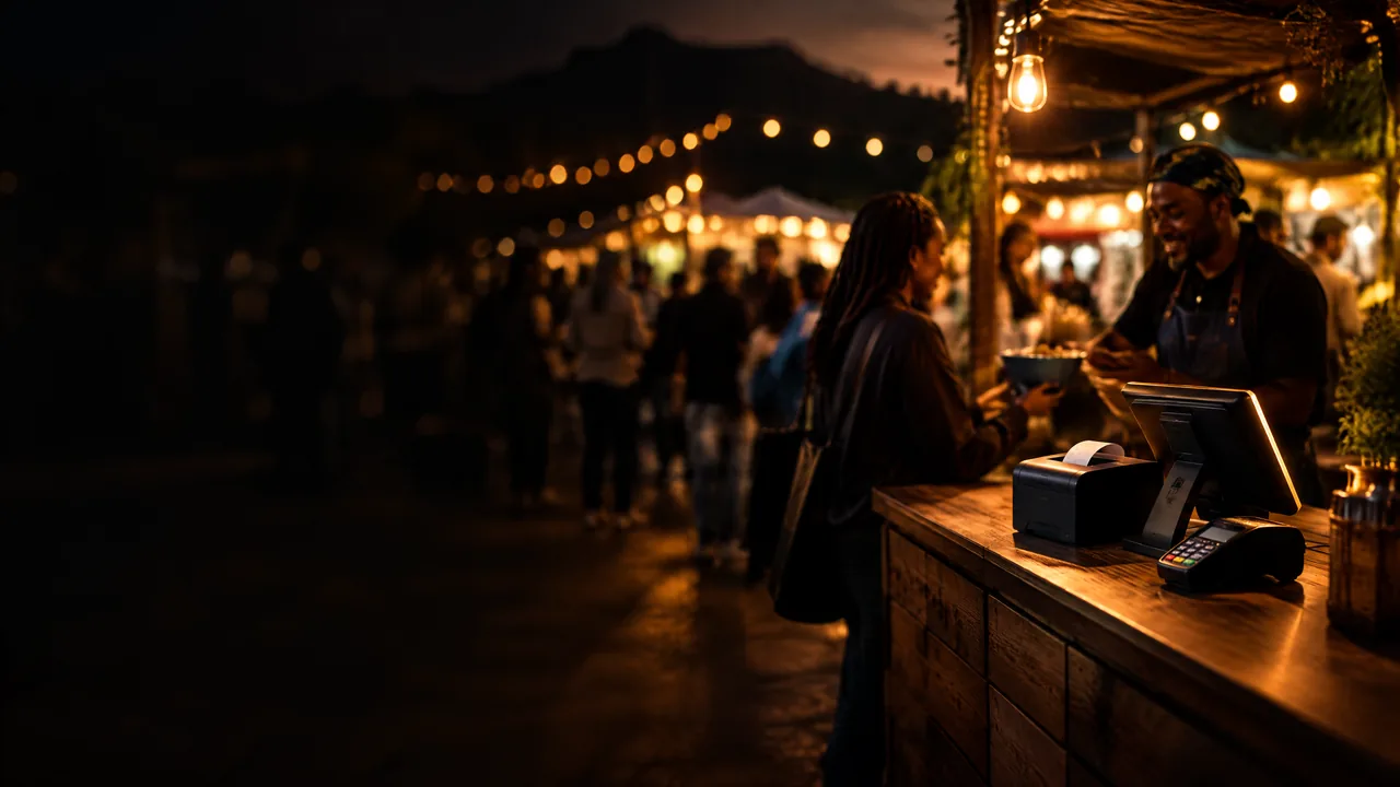 A point of sale touchscreen, receipt printer and card machine on a market stall counter at a busy South African night market