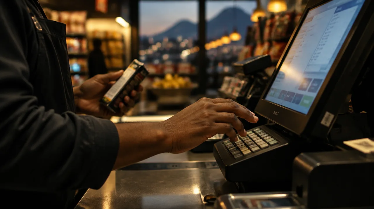 A cashier's hand pauses over a point-of-sale keypad in a South African convenience store as the till screen refuses an entry.