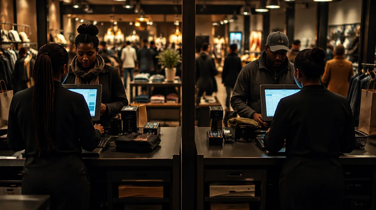 Two checkout lanes in a busy South African clothing store, two cashiers serving two customers at the same moment, each at their own screen.