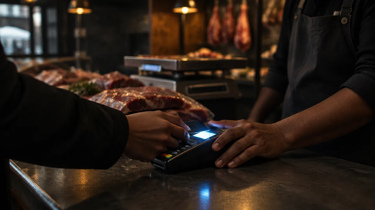 A customer's hand and a butchery cashier's hand both rest on a card terminal at the instant a payment completes.