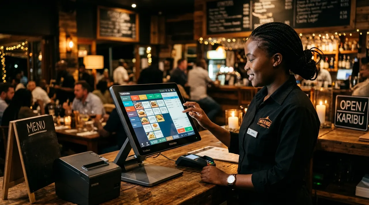 Restaurant worker using POS software