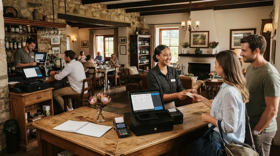 Host at a POS terminal greeting two guests at the entrance of a Stellenbosch estate bistro, diners seated at tables behind and a second terminal at the bar, showing tasting-room and restaurant service running from the same system