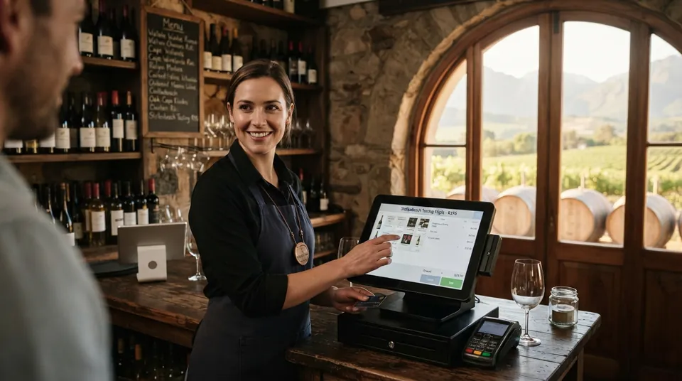 Cellar-door staff member ringing up a tasting on a POS touchscreen in a stone tasting room, vineyards visible through the arched window behind