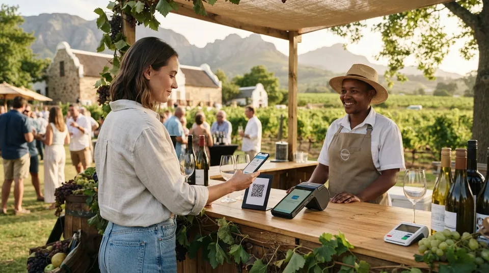 Vine-covered outdoor market stall taking a mobile card payment with a Cape Dutch gable and mountains behind, the kind of temporary festival terminal we rent out