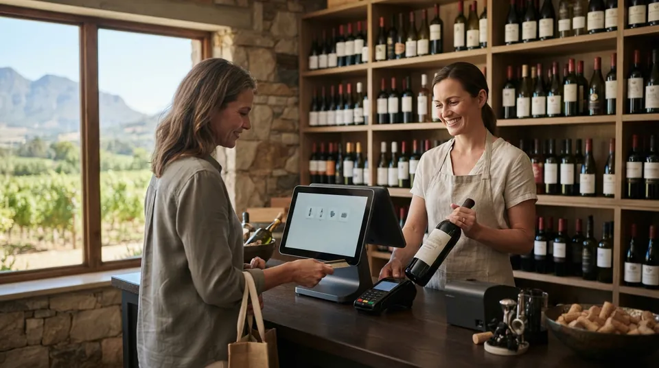 Customer tapping a card at a wine shop counter in town while a staff member hands over a bottle, the town-shop half of a two-site estate setup